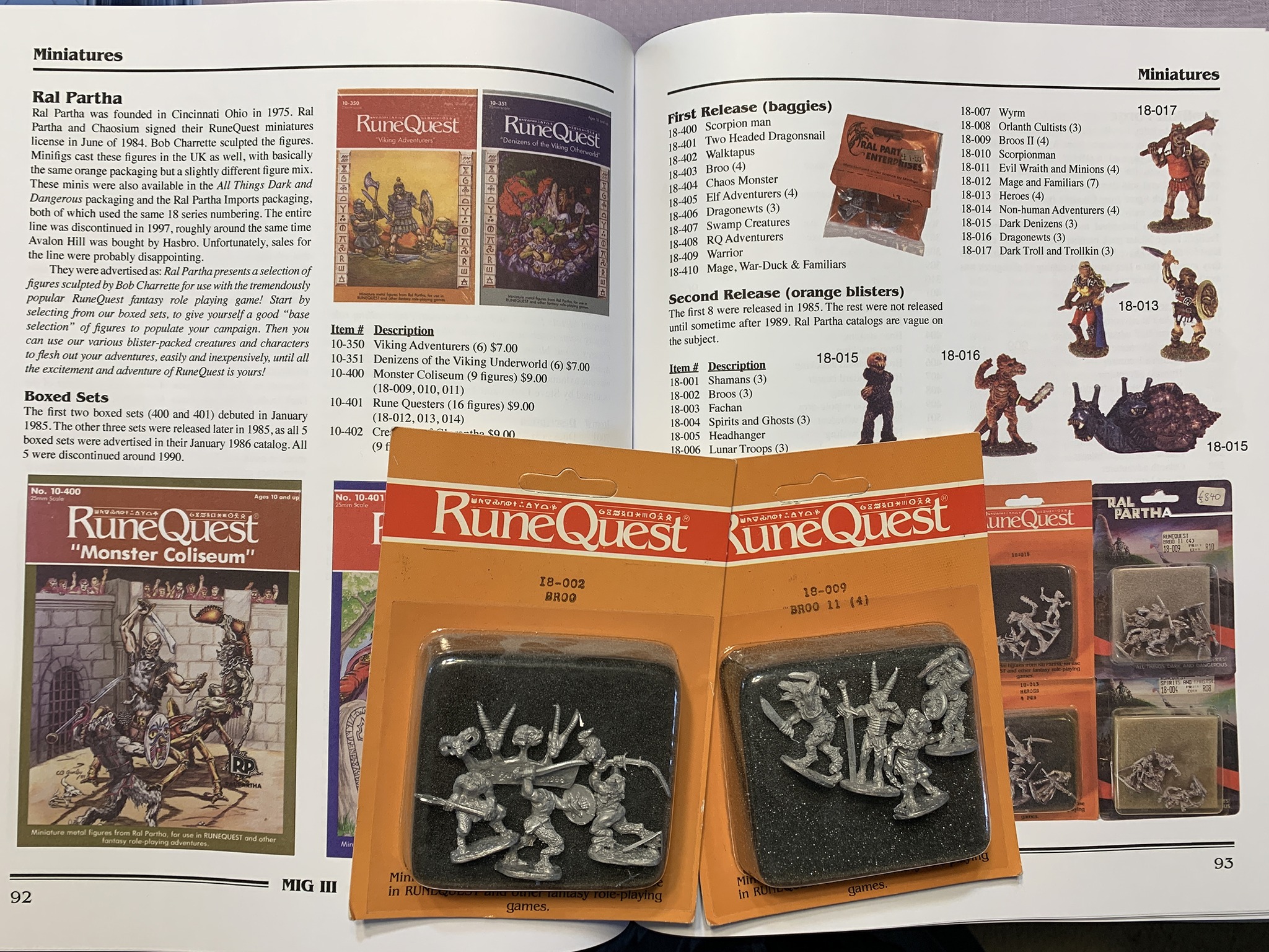 Pages 92-93 of the MIG3: Meints Index to Glorantha feature almost all the info I know about the Ral Partha RuneQuest miniatures line produced from 1985 to 1997. The two blister packs of minis that contained the 7 different broo they produced (18-002 and 18-009) are added for your closer inspection.