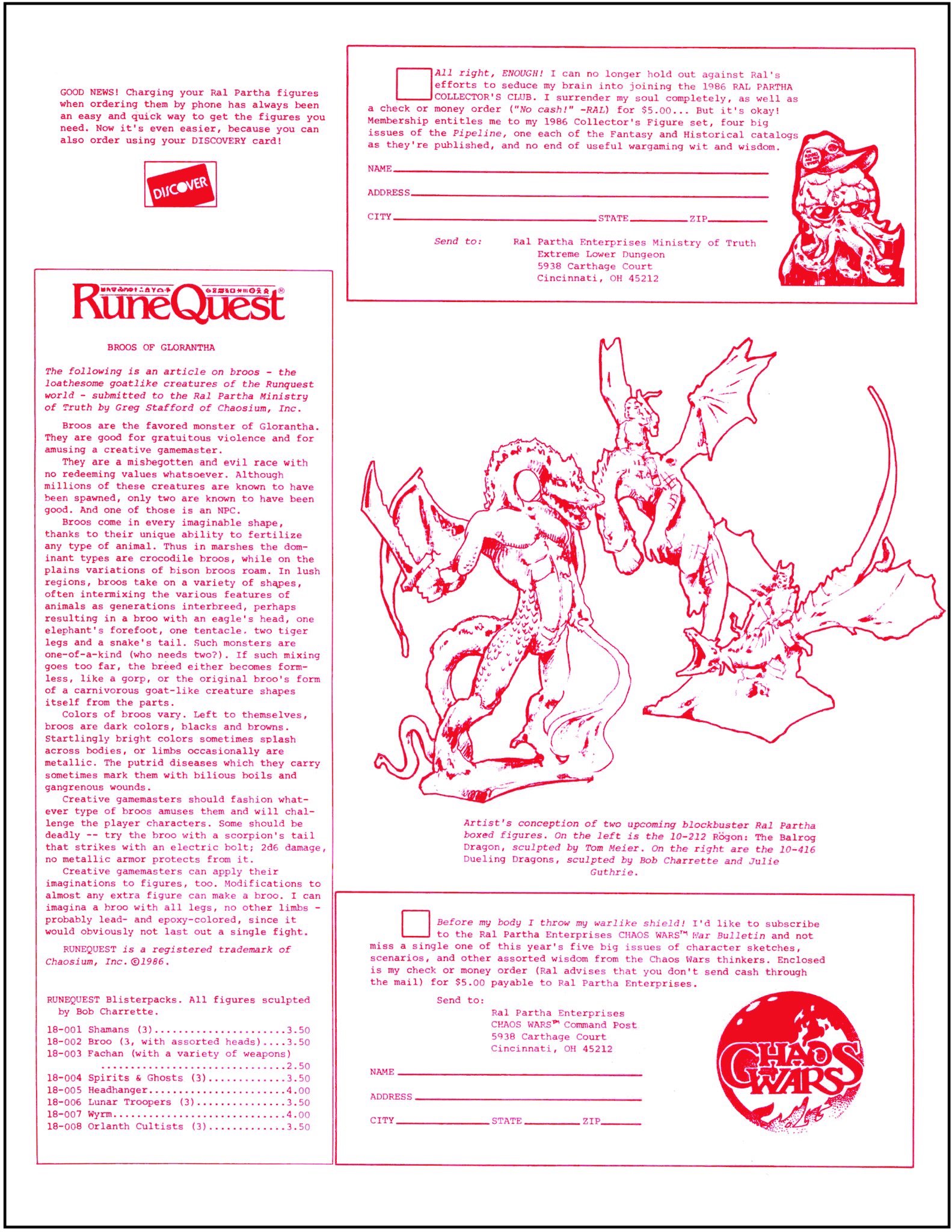 Page 4 of the May 1986 installment of The Partha Pipeline. Looking back, I wish twenty-something me had become a member of the Ral Partha Collector's club. I had the $5, but I missed it. What an address:  Ral Partha Ministry of Truth Extreme Lower Dungeon 5938 Carthage Court...