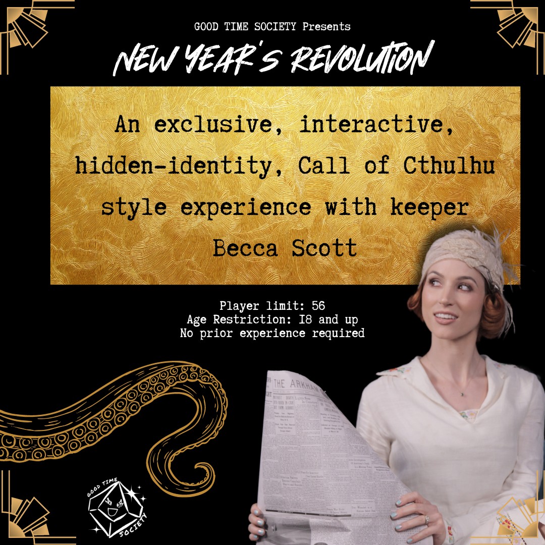 [Chaosium] Gen Con - we're hosting 'New Year's Revolution', an interactive, hidden-identity, Call of Cthulhu-style mega game with Becca Scott