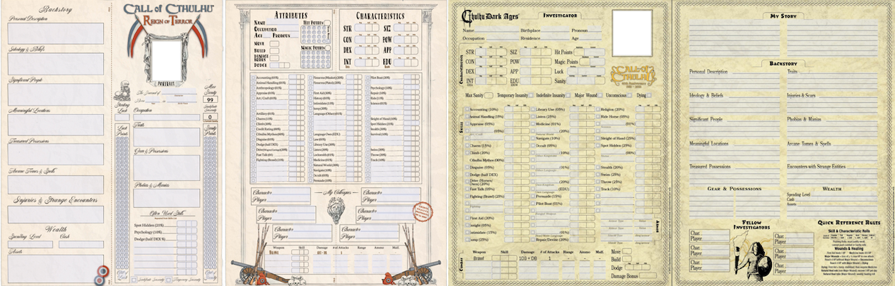 Call of Cthulhu new character sheets