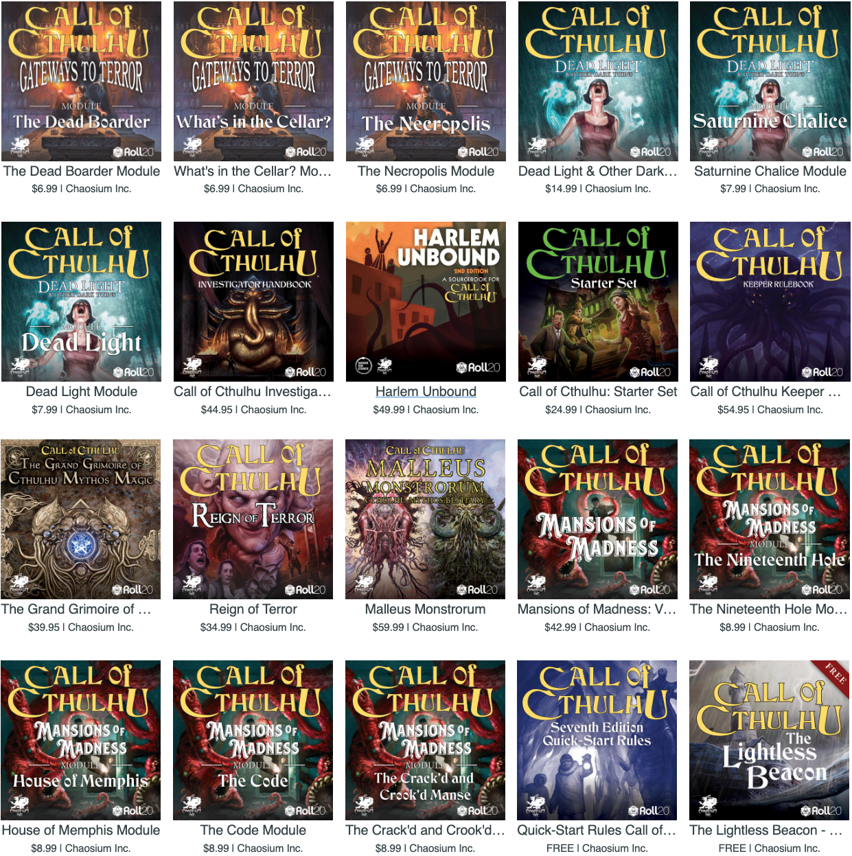 Call of Cthulhu titles on Roll20