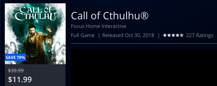 Call of Cthulhu is 70% on PS4 (USA) for Halloween