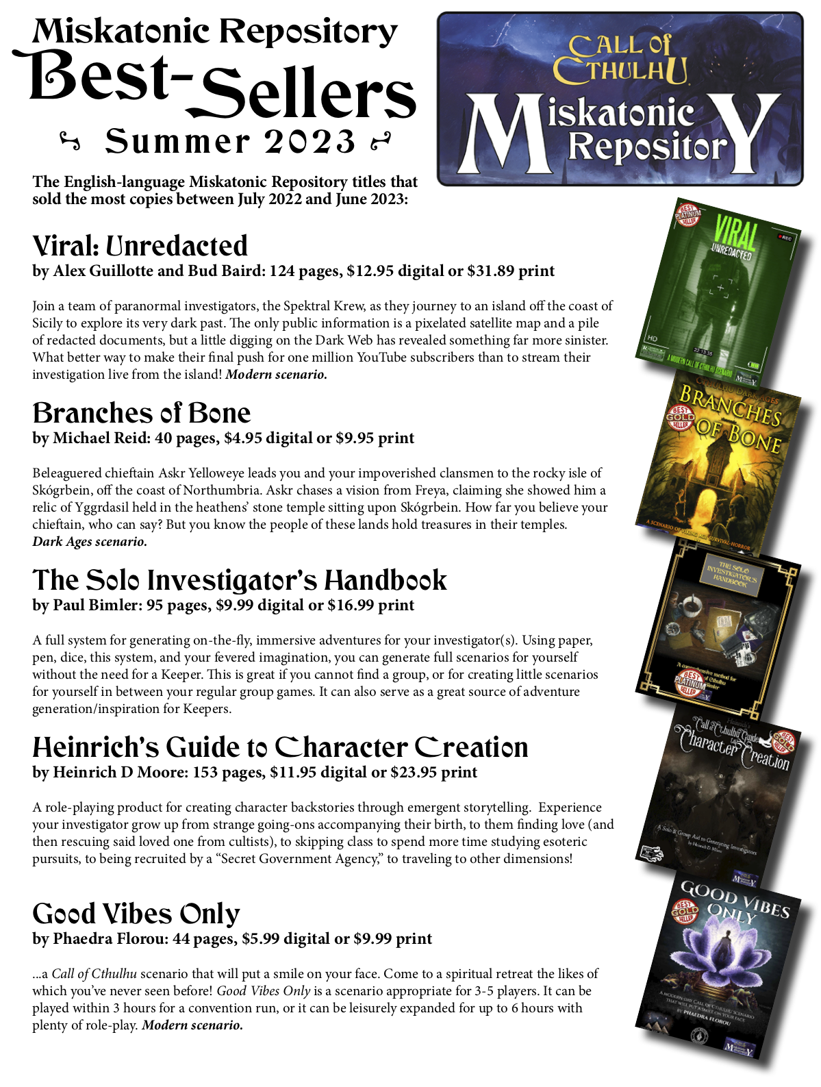 Miskatonic Repository Bestsellers Summer 2023