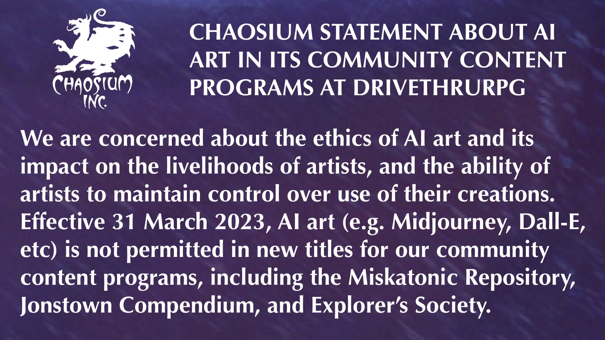 Chaosium Statement About AI Art